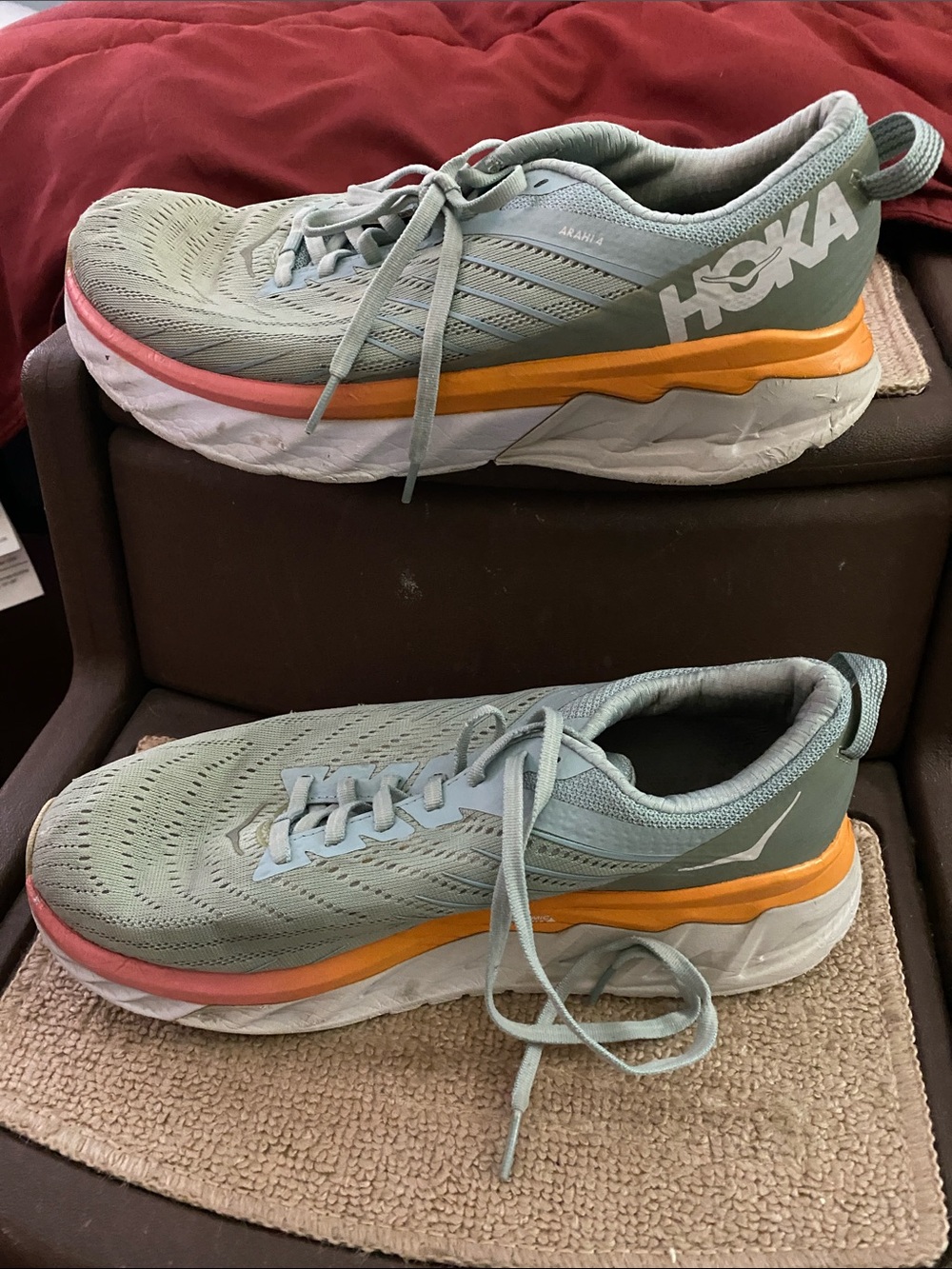 HOKA Women's Light Green Arahi with Orange and Coral Trim